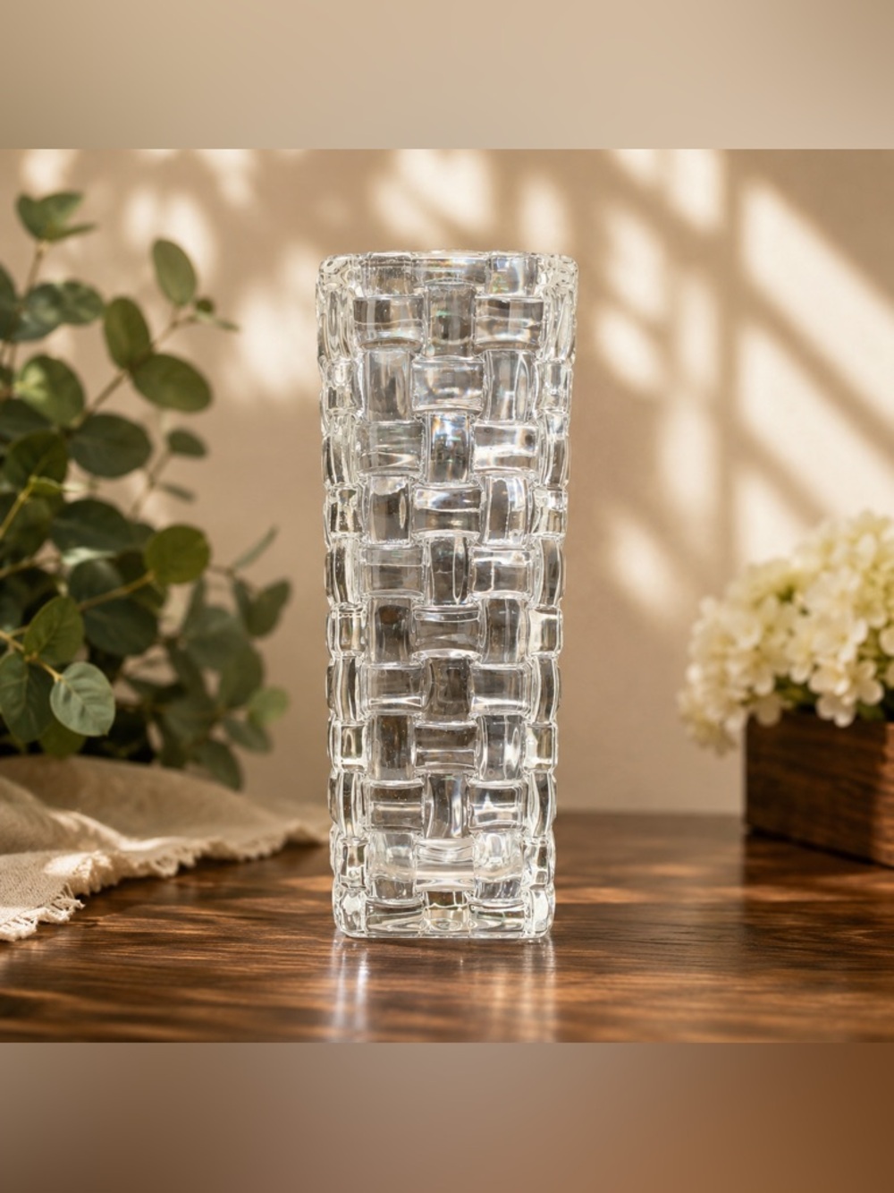 🔍 Clear Basket-Weave Glass Vase | Tall Textured Geometric Vase